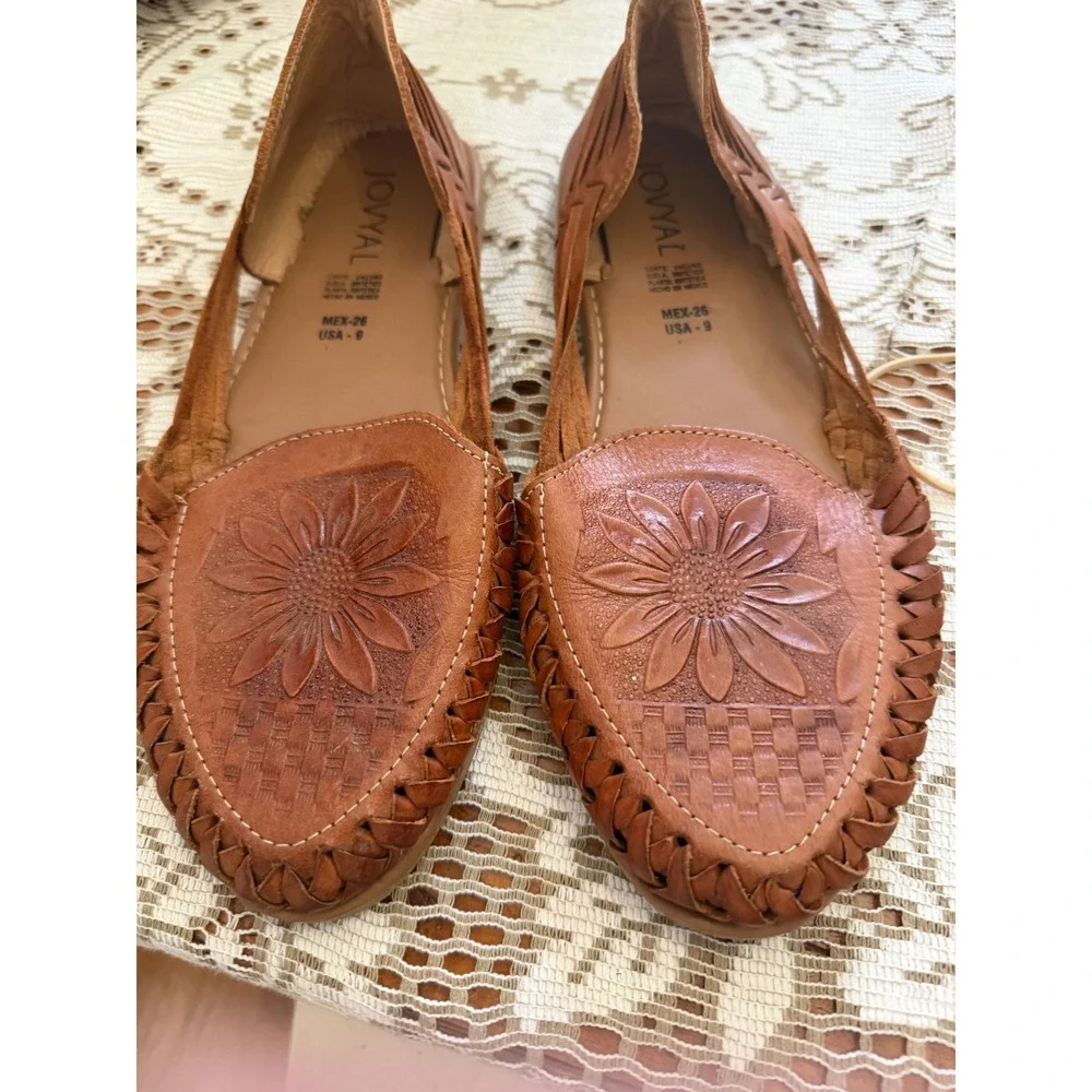 Jovyal Mens Huarache Sandals Leather Woven Sunflower Embossed Tan Brown Size 9